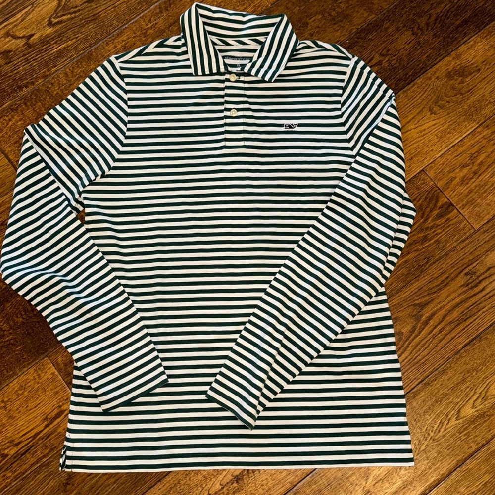 EUC boys Vineyard Vines white forest green stripe long sleeve polo XL (18)